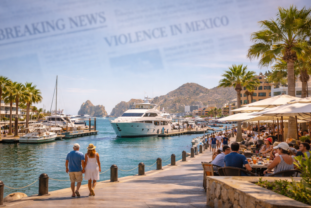Los Cabos marina on a sunny day with tourists enjoying waterfront dining and yachts docked along the harbor.