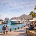 Los Cabos marina on a sunny day with tourists enjoying waterfront dining and yachts docked along the harbor.