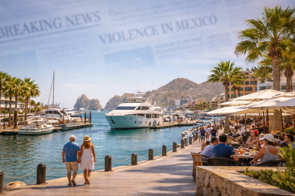Los Cabos marina on a sunny day with tourists enjoying waterfront dining and yachts docked along the harbor.