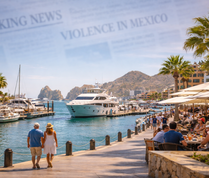 Los Cabos marina on a sunny day with tourists enjoying waterfront dining and yachts docked along the harbor.