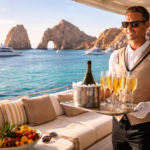 Luxury yacht experience in Los Cabos with champagne service near the Arch of Cabo San Lucas