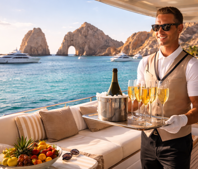 Luxury yacht experience in Los Cabos with champagne service near the Arch of Cabo San Lucas