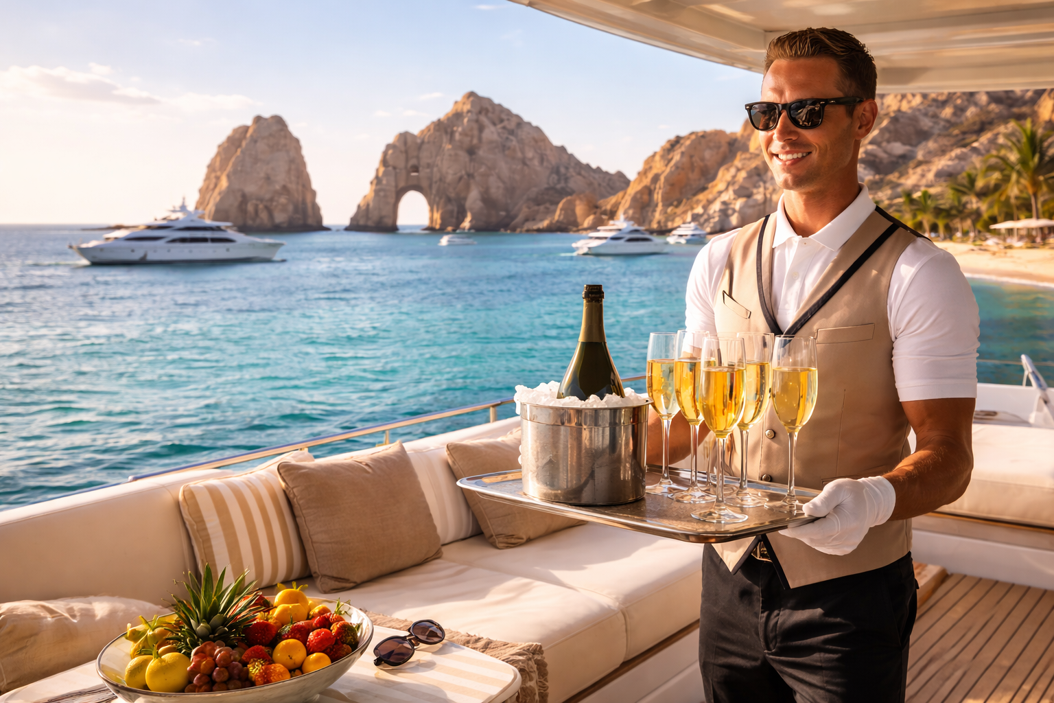 Luxury yacht experience in Los Cabos with champagne service near the Arch of Cabo San Lucas