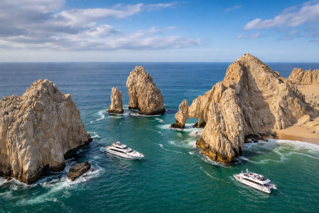 Aerial view of El Arco rock formations at Land’s End in Cabo San Lucas with two boats passing through turquoise water between the cliffs.