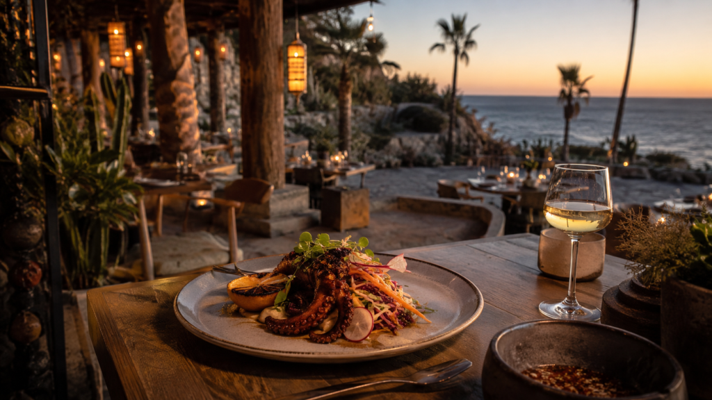 An ocean-view restaurant terrace in Los Cabos at sunset with warm lights, Baja cuisine, and coastal views.