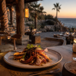 An ocean-view restaurant terrace in Los Cabos at sunset with warm lights, Baja cuisine, and coastal views.