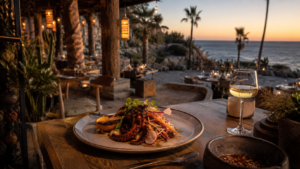 An ocean-view restaurant terrace in Los Cabos at sunset with warm lights, Baja cuisine, and coastal views.