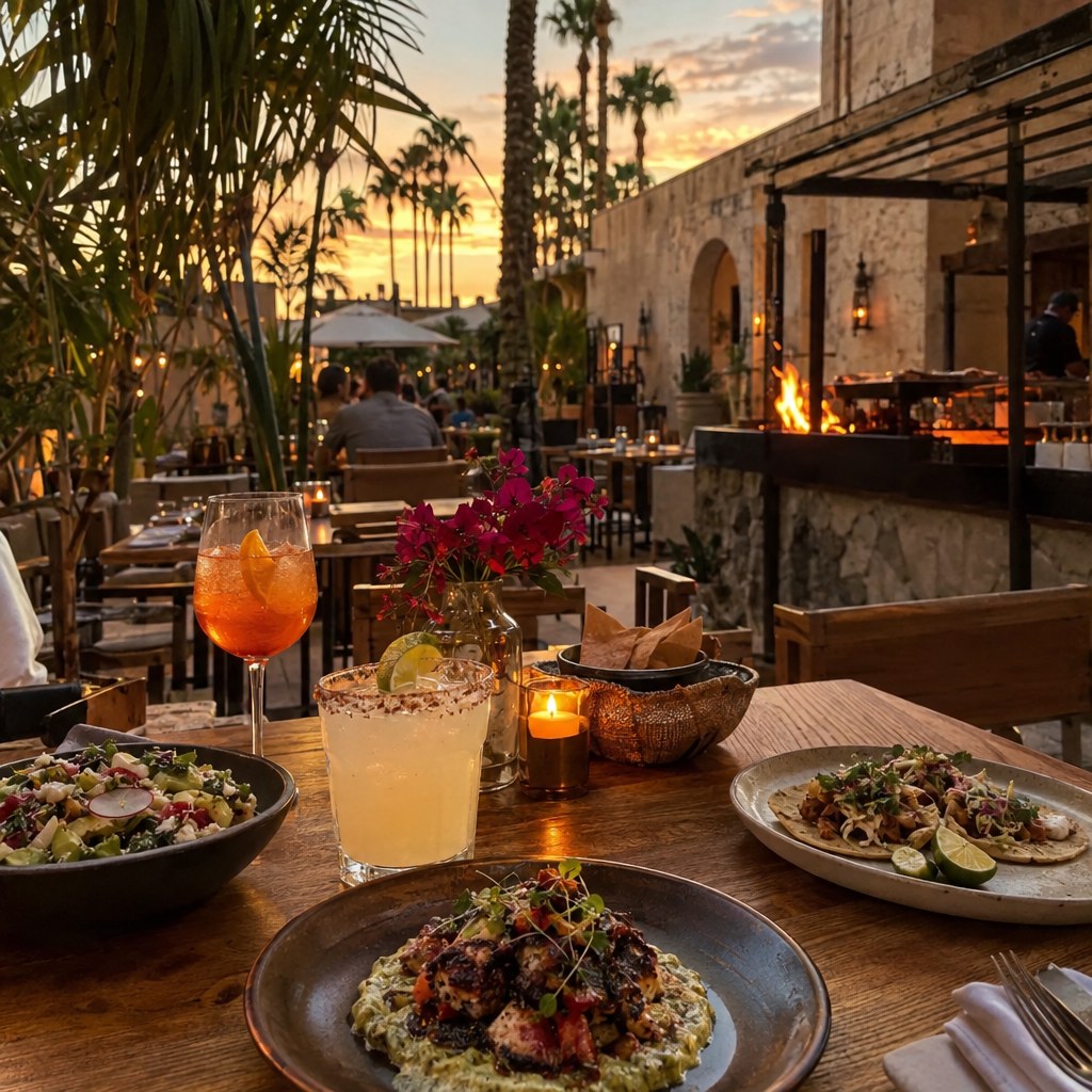Open-air restaurant dining scene in San José del Cabo, Baja California Sur