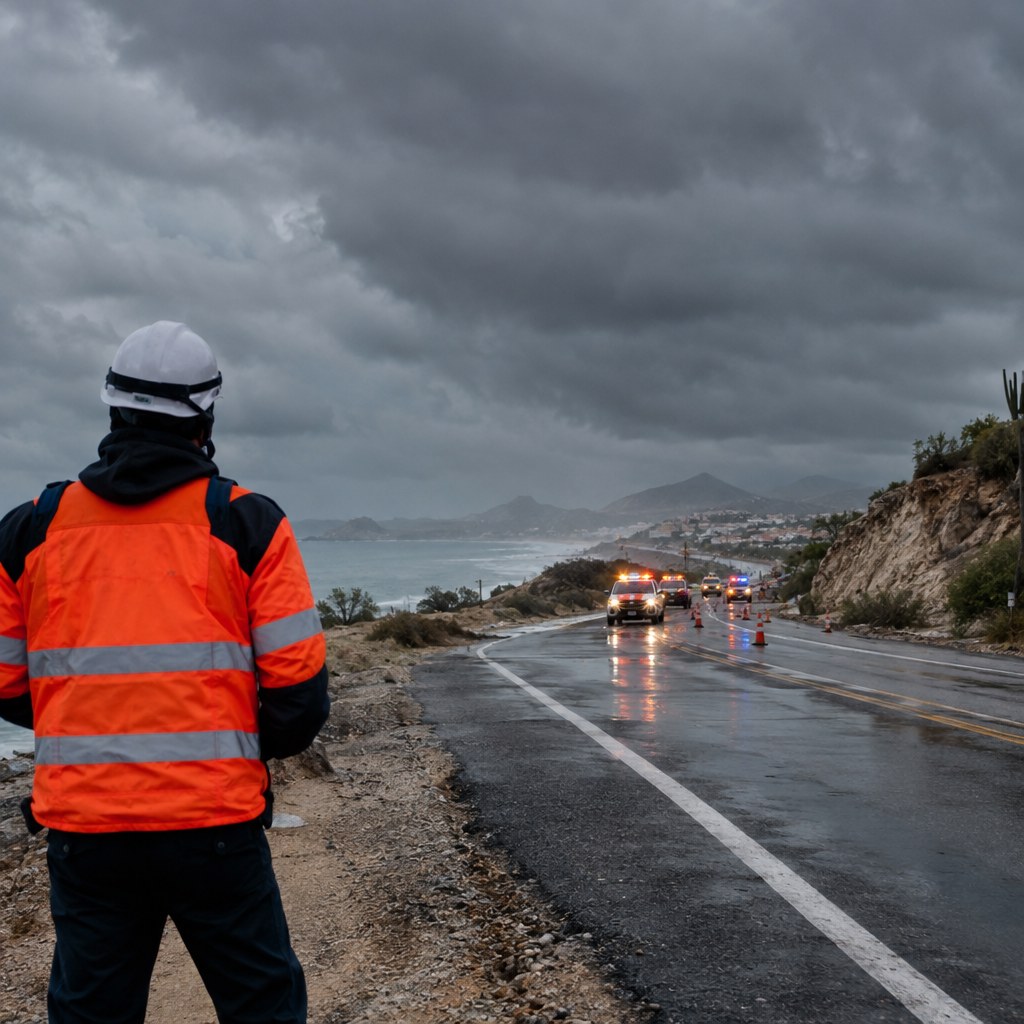 Storm clouds and emergency preparedness scene in Los Cabos, Baja California Sur