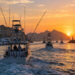 Sportfishing boats leaving Cabo San Lucas Marina at sunrise ahead of Bisbee’s 2026 tournaments