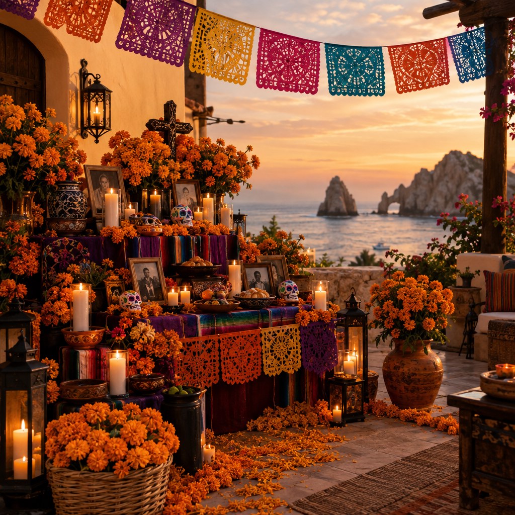 Día de Muertos ofrenda with marigolds and candles in Los Cabos