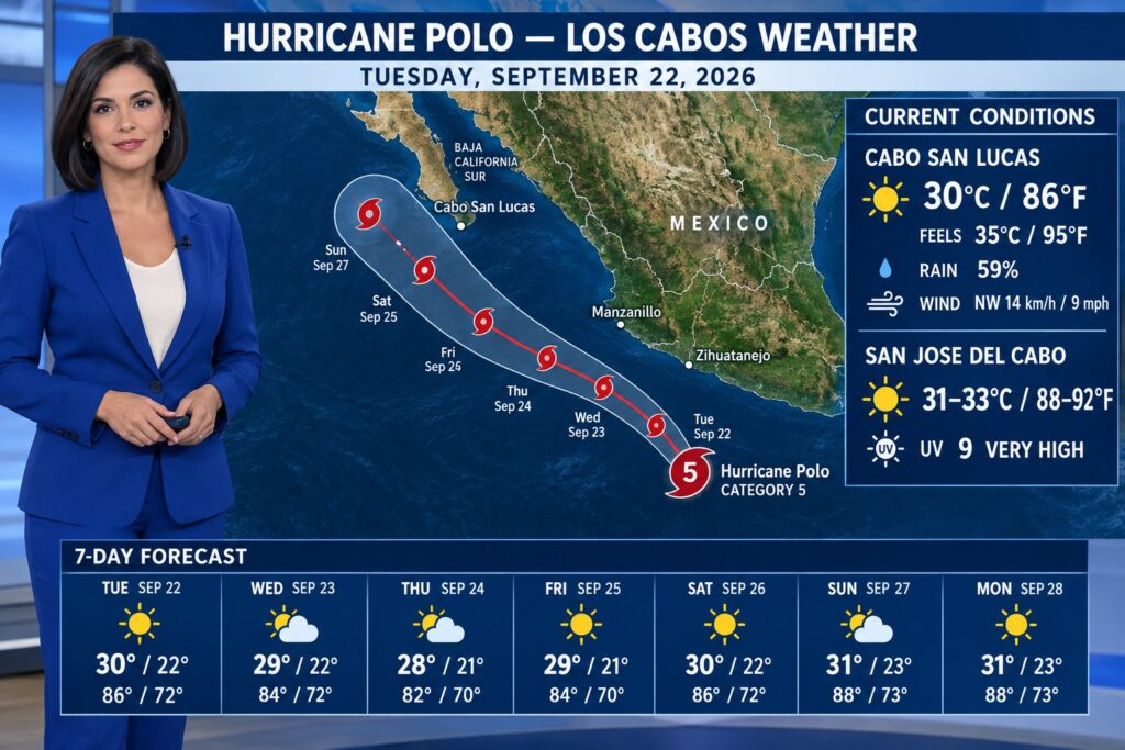 Los Cabos weather report for September 22, 2026 showing Category 5 Hurricane Polo, Cabo temperatures in Celsius and Fahrenheit and the seven-day forecast