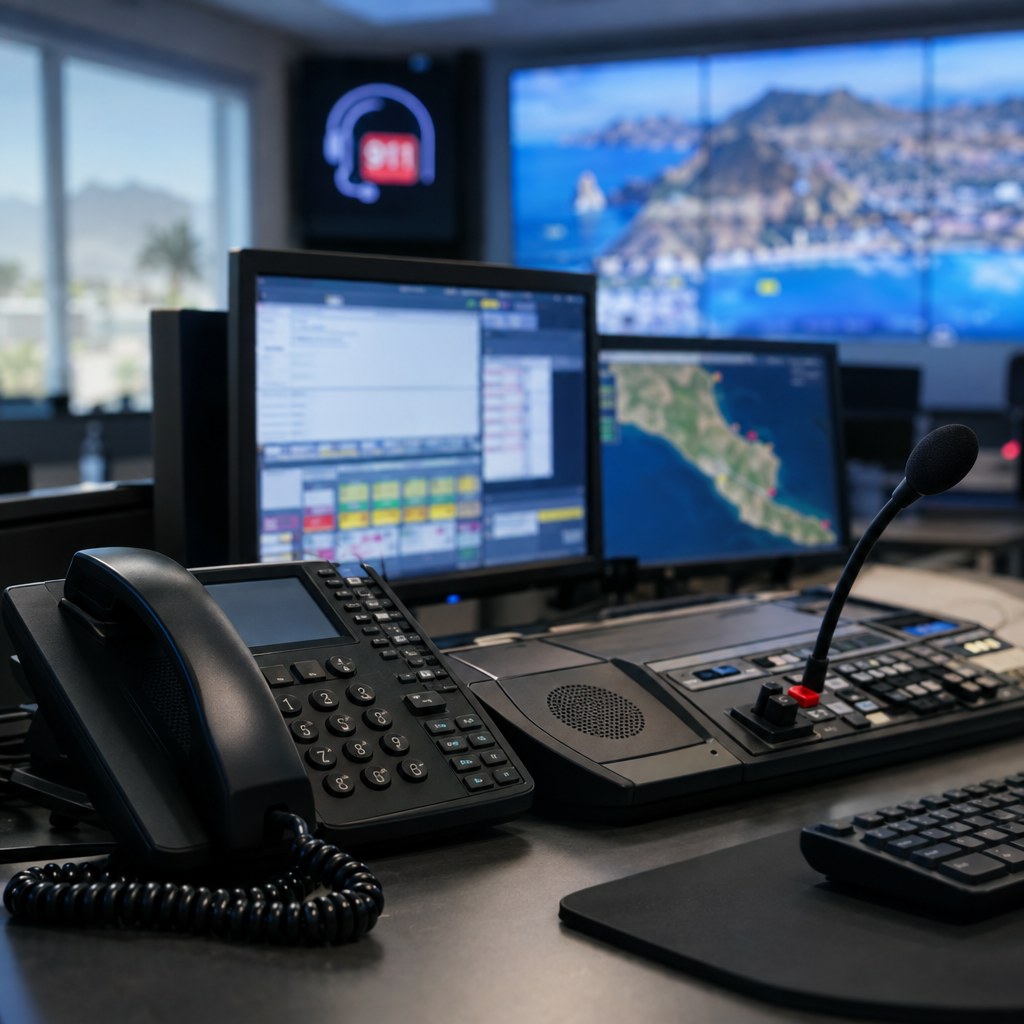 Emergency communications console representing 911 dispatch services in Los Cabos