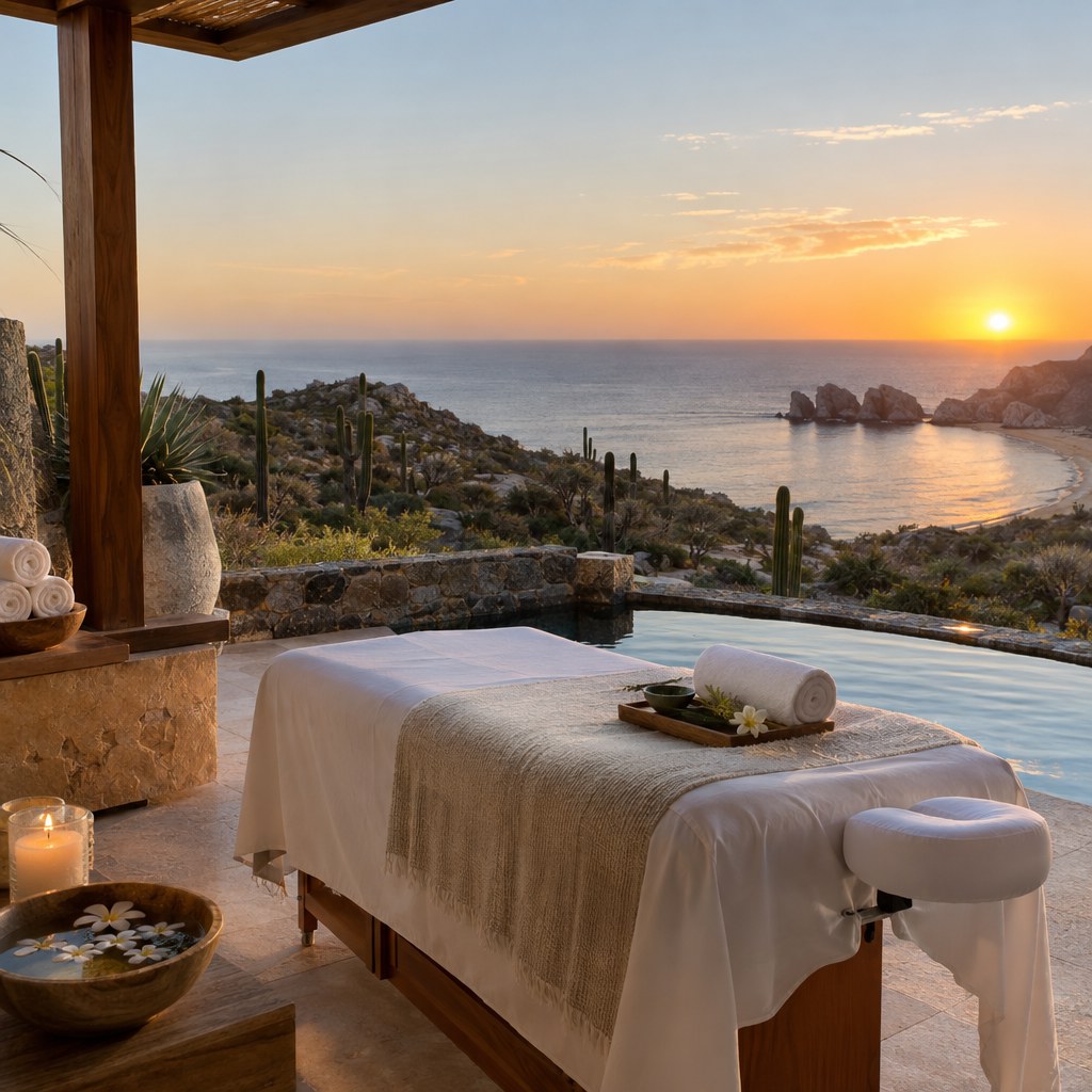 Outdoor wellness spa overlooking the Baja desert and Sea of Cortez in Los Cabos