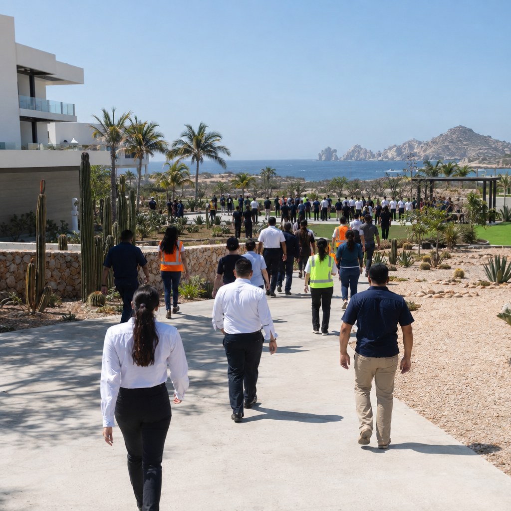Emergency evacuation drill participants walking toward an assembly area in Los Cabos
