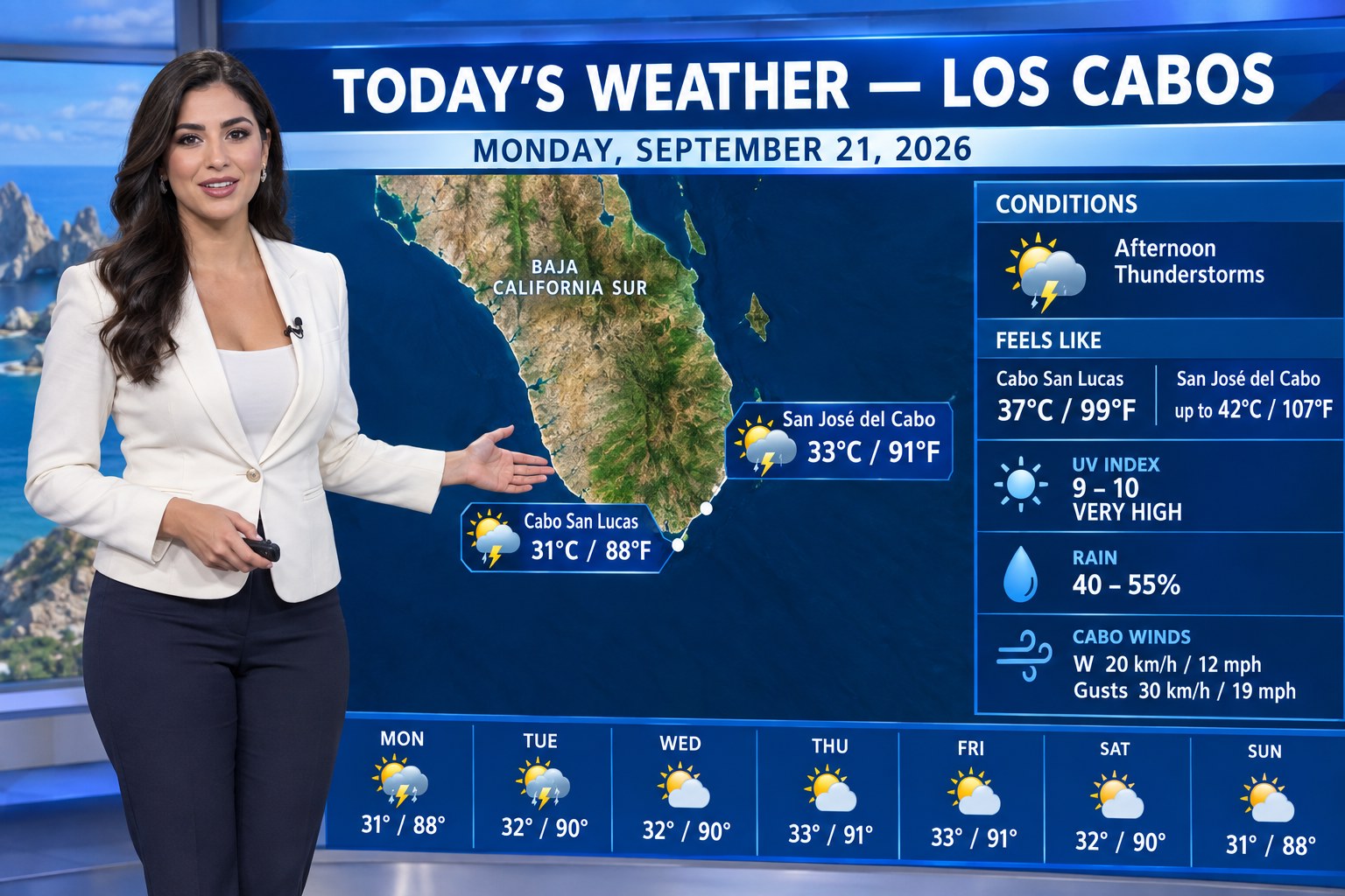 Los Cabos weather forecast for September 21, 2026 showing temperatures in Celsius and Fahrenheit, UV index, rain risk and wind