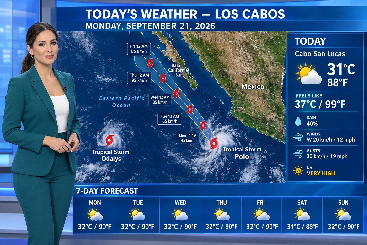 Los Cabos weather report for September 21, 2026 showing Tropical Storm Polo, today’s forecast and seven-day temperatures in Celsius and Fahrenheit