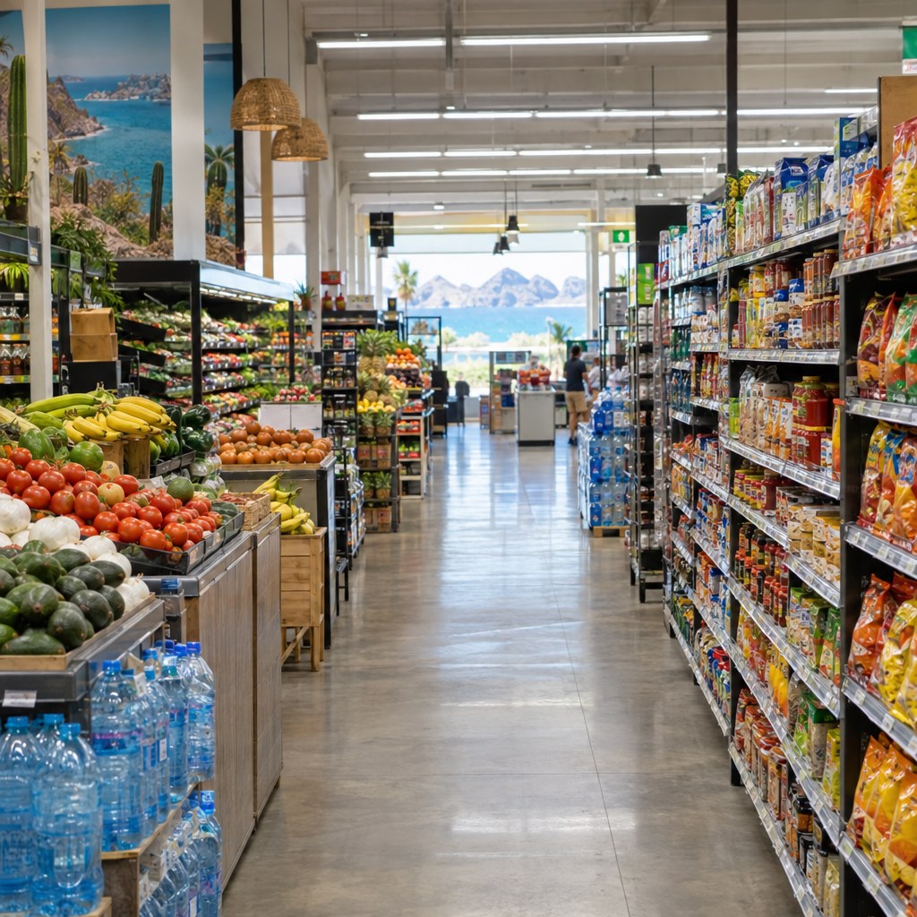 Supermarket shopping aisle in Los Cabos with groceries and household essentials