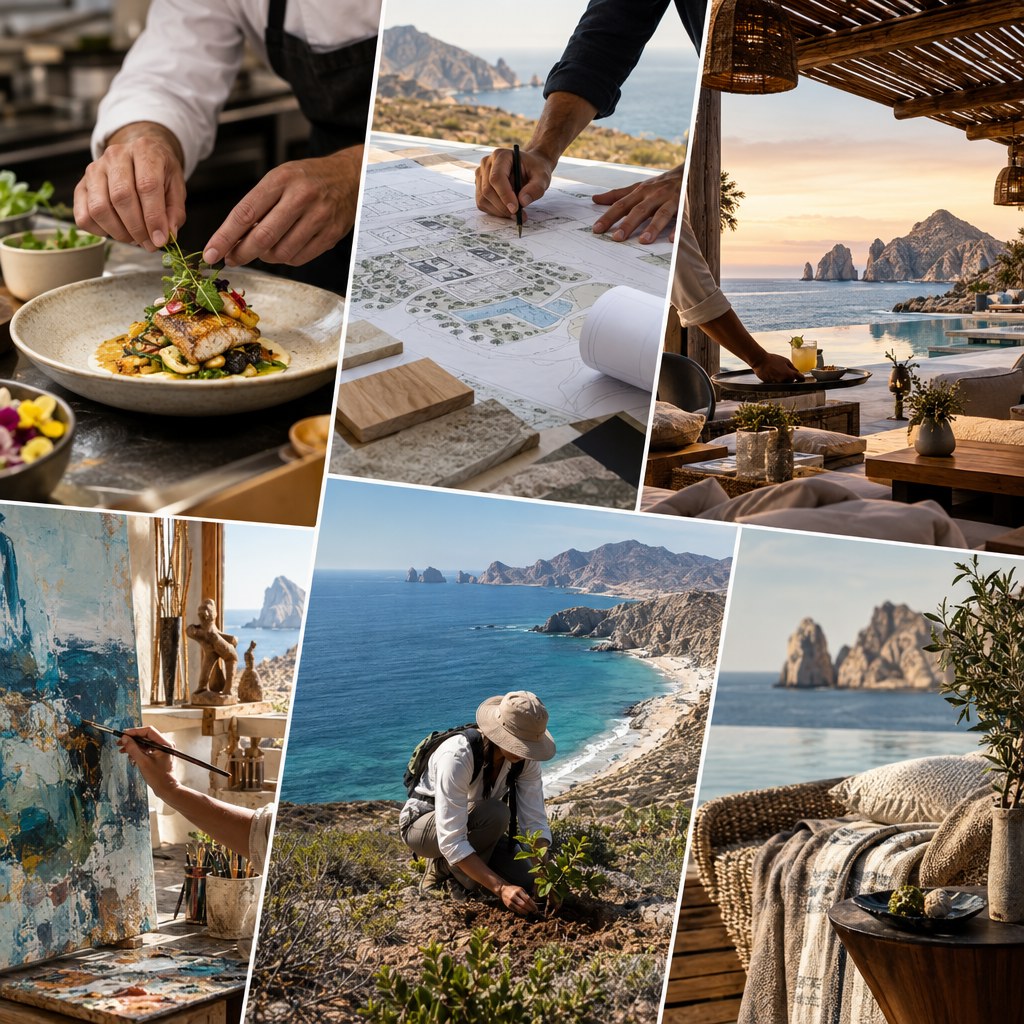 Editorial montage representing hospitality, design, culture and conservation leaders in Los Cabos