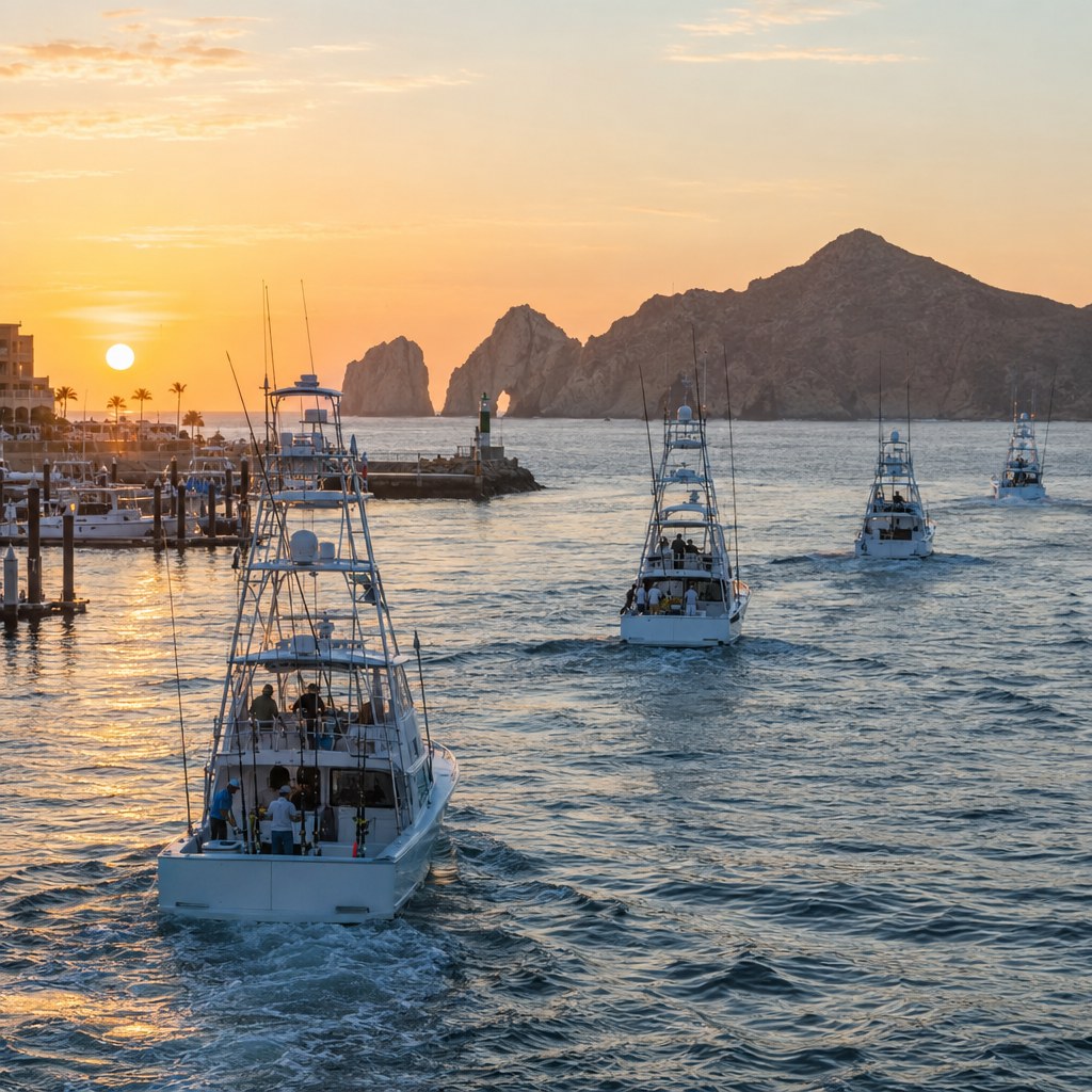 Sportfishing boats leaving Cabo San Lucas Marina during October tournament season