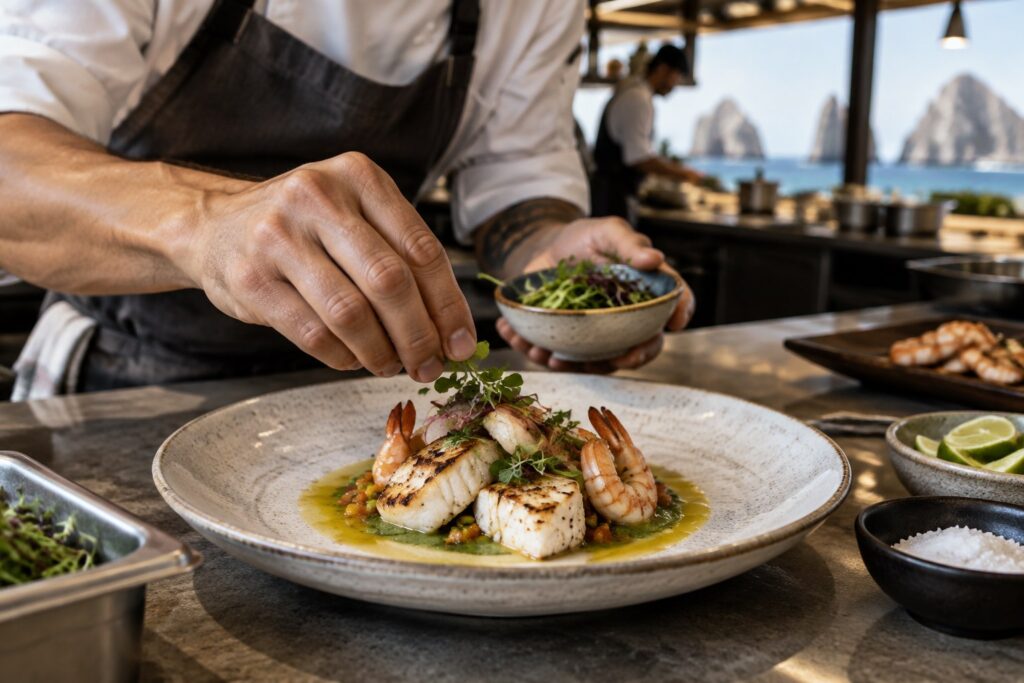 Chef plating a Baja-inspired dish for a Los Cabos culinary event