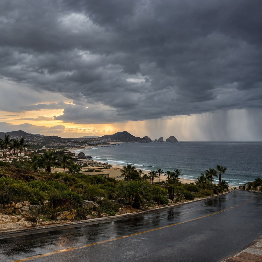 Storm clouds and rain over the Los Cabos coastline as Hurricane Rachel moves away